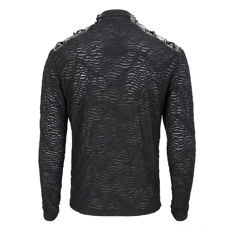 Rear flat shot of black gothic turtleneck sweatshirt displaying full wavy knit texture and shoulder lace details