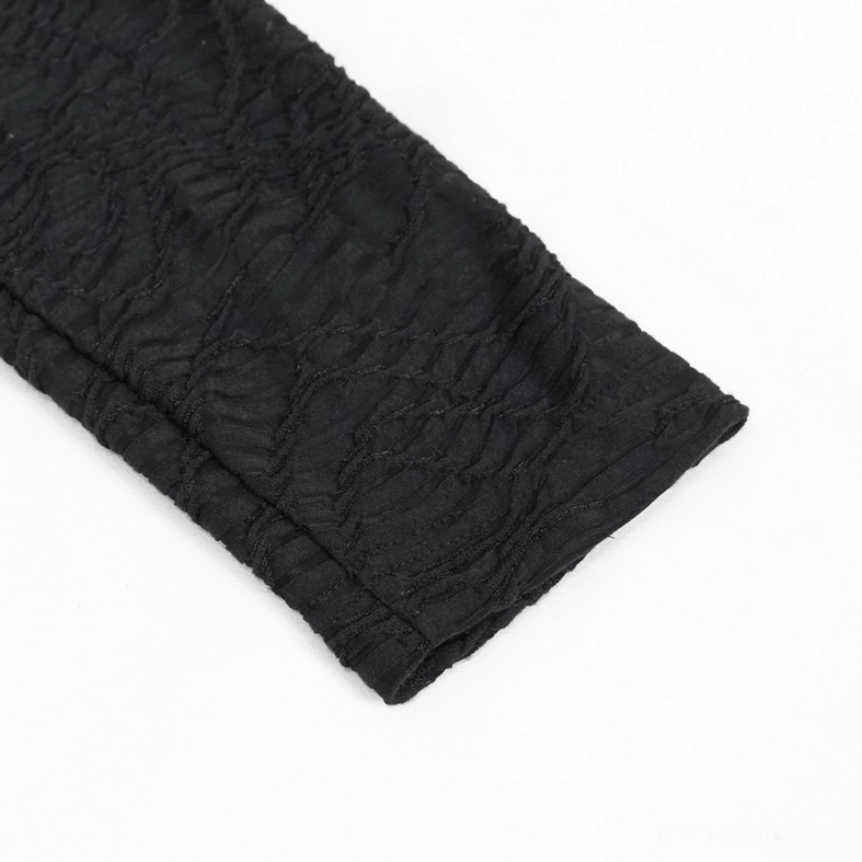 Cuff close-up of black gothic turtleneck sweatshirt showing ribbed cuff edge and wavy knit texture