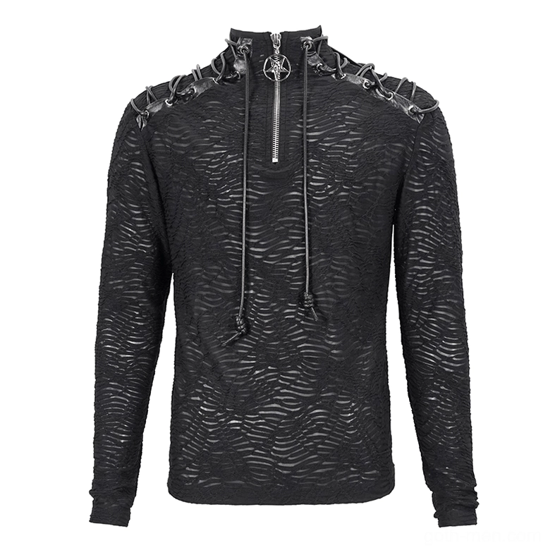 Men's gothic turtleneck sweatshirt flat lay front featuring leather shoulder lacing, pentagram zipper pull, and half-zip collar