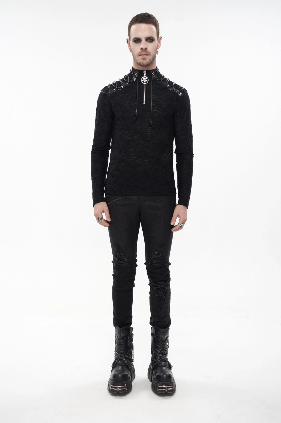 Full length view of black gothic turtleneck sweatshirt demonstrating fit, length proportions, and overall silhouette