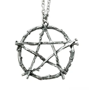 Vintage silver twig pentagram gothic necklace pendant front view on white background, showing detailed branch texture and geometric design