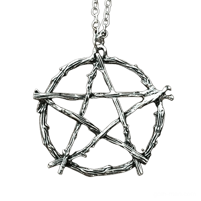 Vintage silver twig pentagram gothic necklace pendant front view on white background, showing detailed branch texture and geometric design