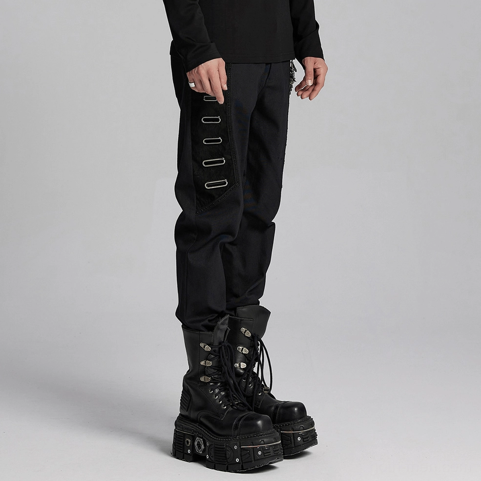 Black gothic twill pants showcasing fitted silhouette with side metal eyelet cascade and leather trim