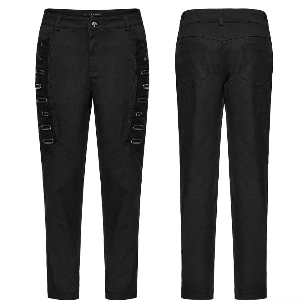 Flat lay photography of black gothic twill pants showing front and rear with side metal buckle strips