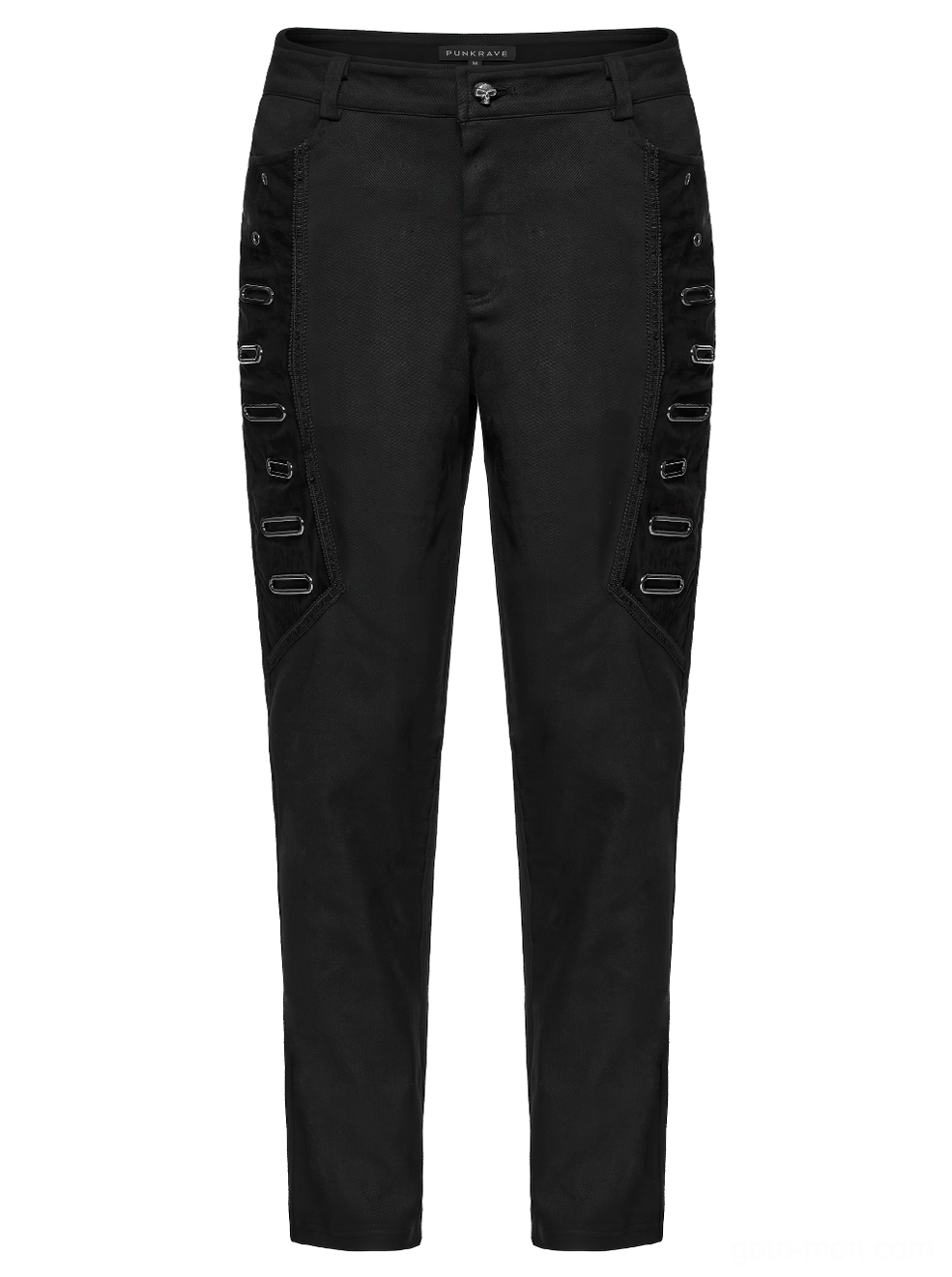 Front flat lay of black gothic pants highlighting side decorative metal eyelet buckling