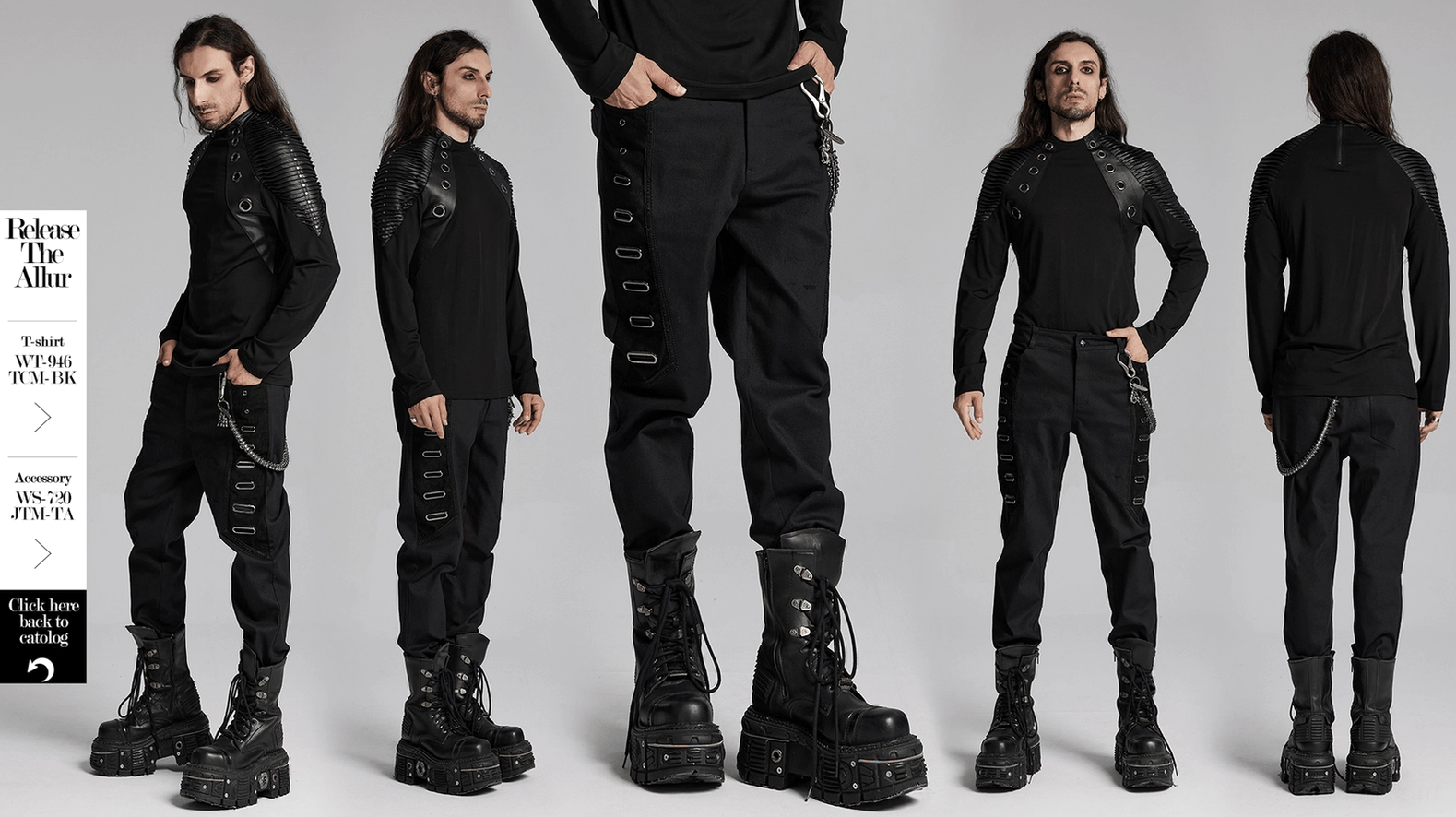 Black gothic twill pants - full product presentation highlighting metal eyelets and punk-gothic aesthetic