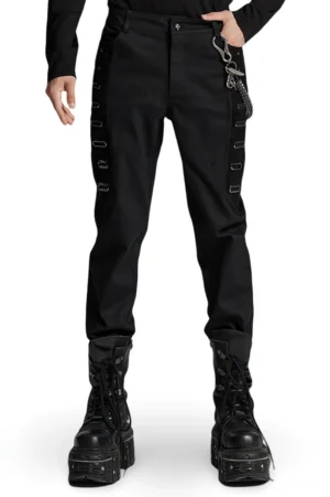 Men's black gothic twill pants with metal eyelets and PU leather details - front full body view on model