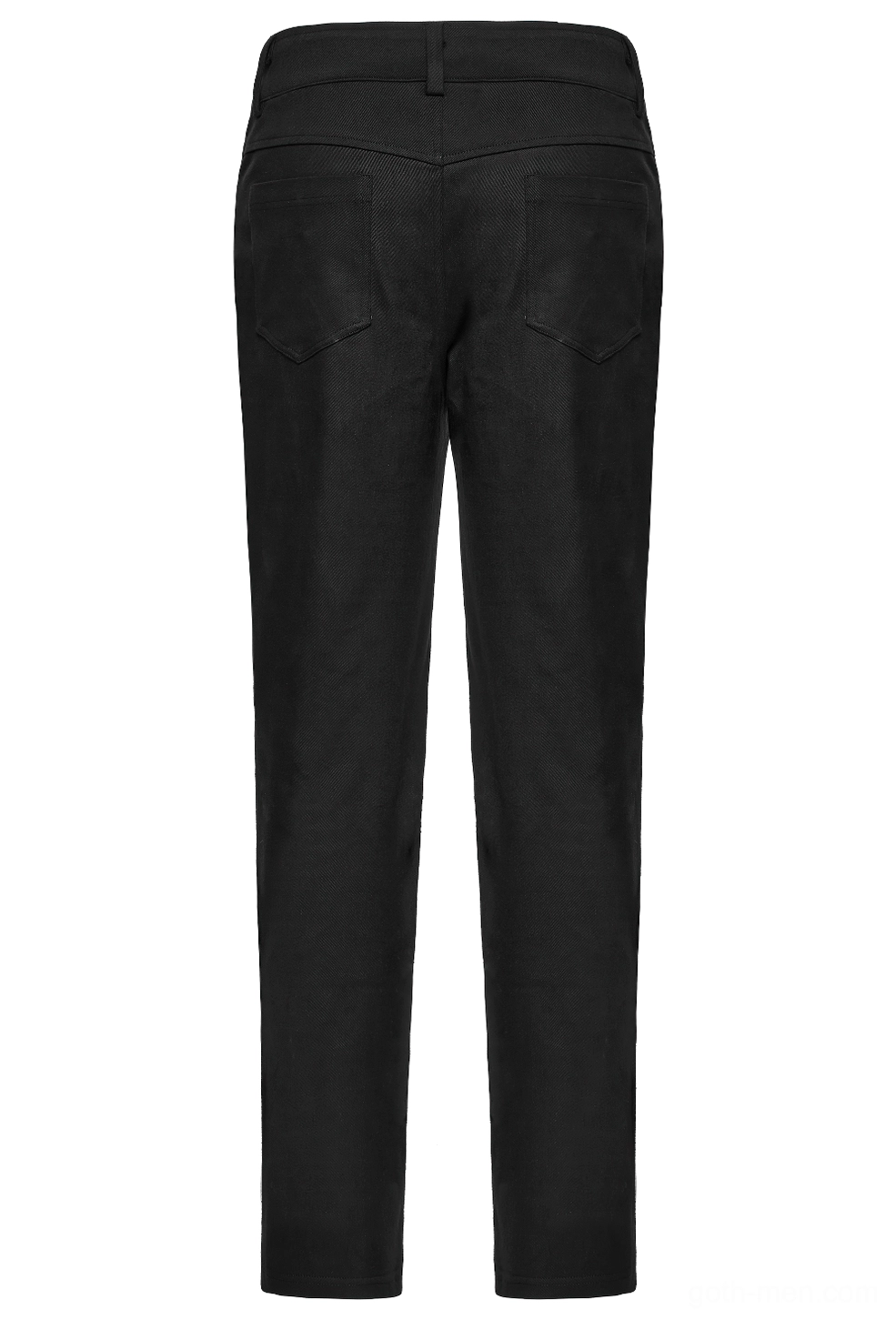 Rear flatlay of black gothic pants displaying patch pockets and solid twill fabric texture