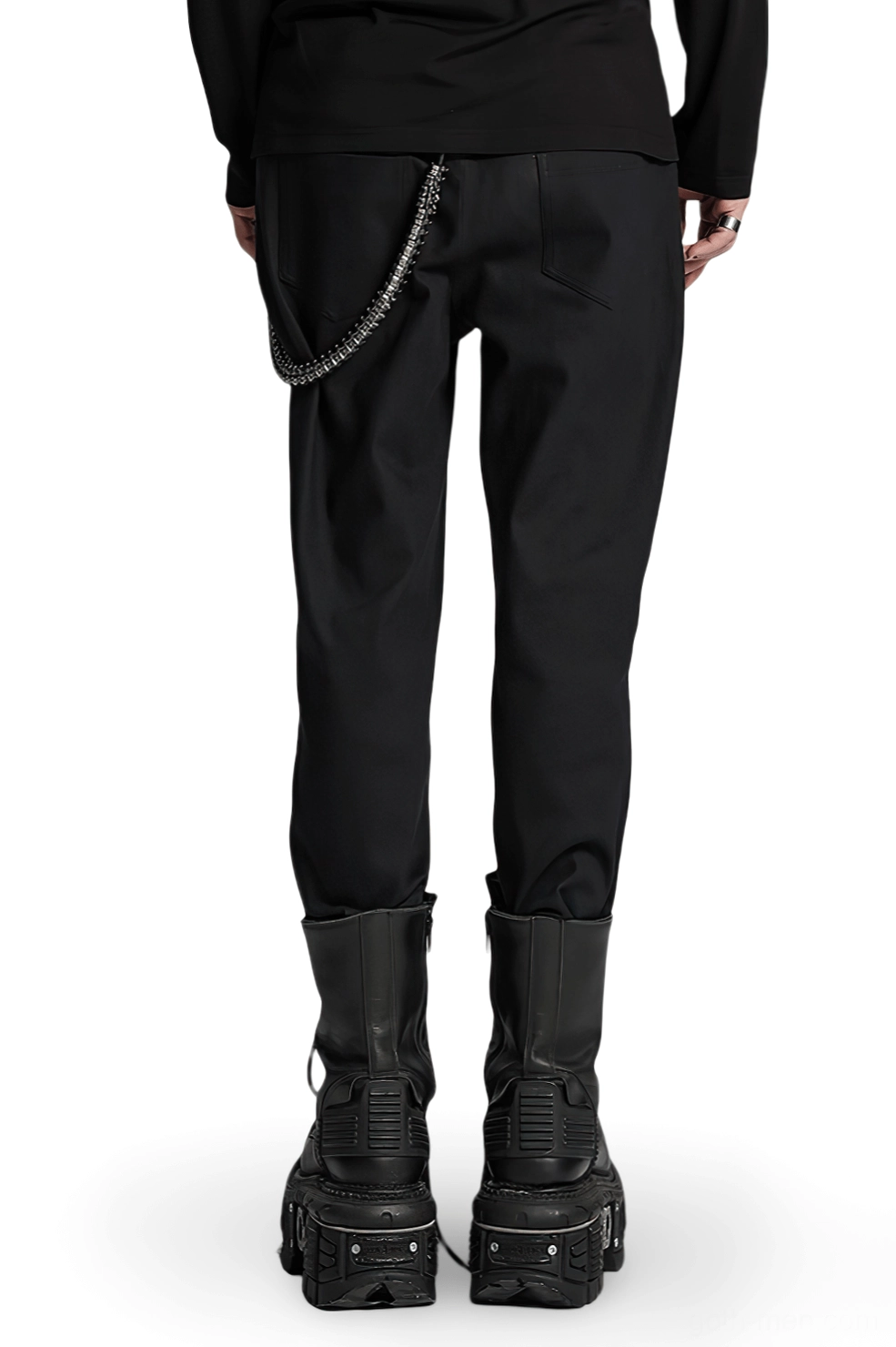 Black gothic pants with side eyelet cascade and waist chain detail - rear full body view on model