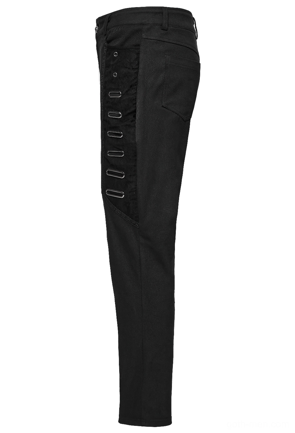 Side view flatlay of black gothic twill pants showing slim straight leg fit and metal eyelet details