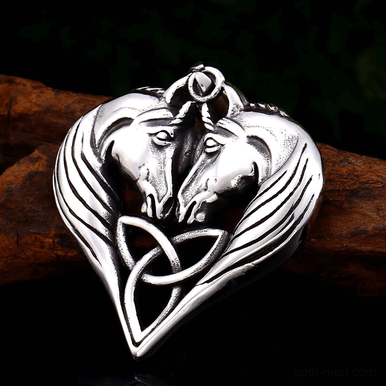 Celtic knot twin horse heart pendant stainless steel gothic design detail