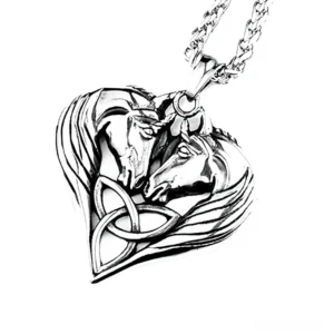 Gothic twin horse heart pendant stainless steel necklace front view close-up detail