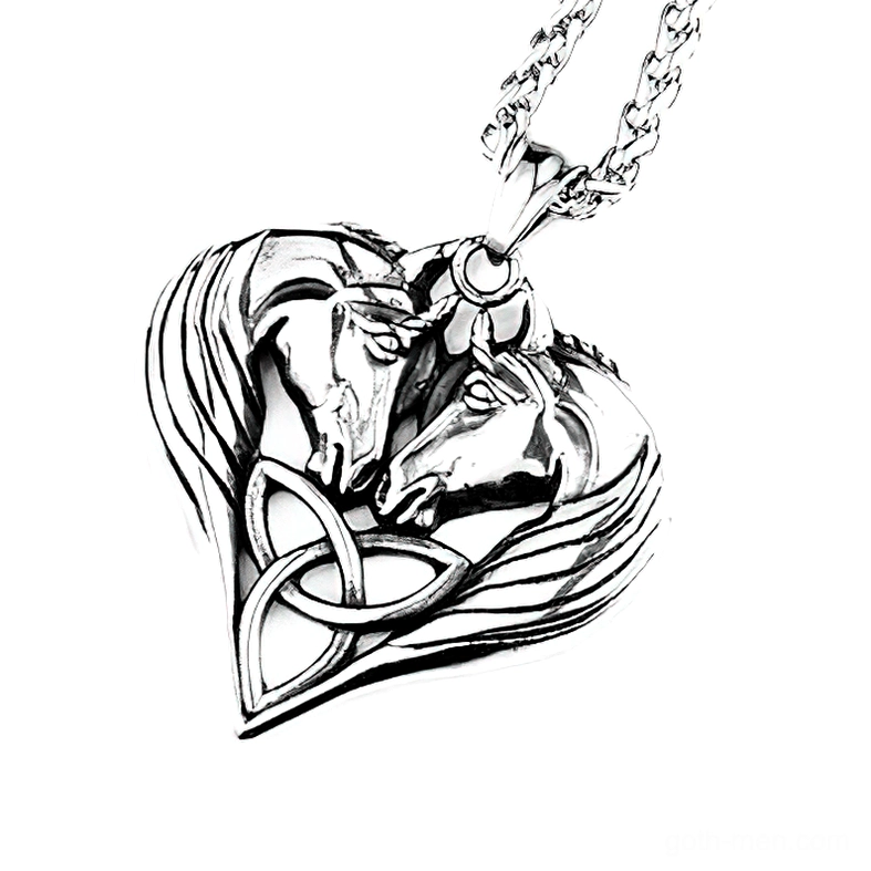 Gothic twin horse heart pendant stainless steel necklace front view close-up detail