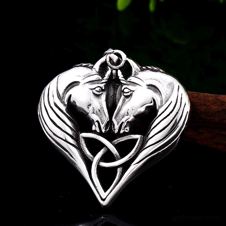 Polished silver gothic twin horse heart pendant necklace front view