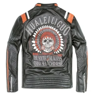 Gothic Urban Baron black genuine leather biker jacket front open view with multiple zipper pockets and chest patch badge