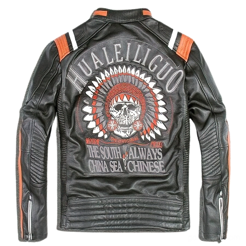Gothic Urban Baron black genuine leather biker jacket front open view with multiple zipper pockets and chest patch badge