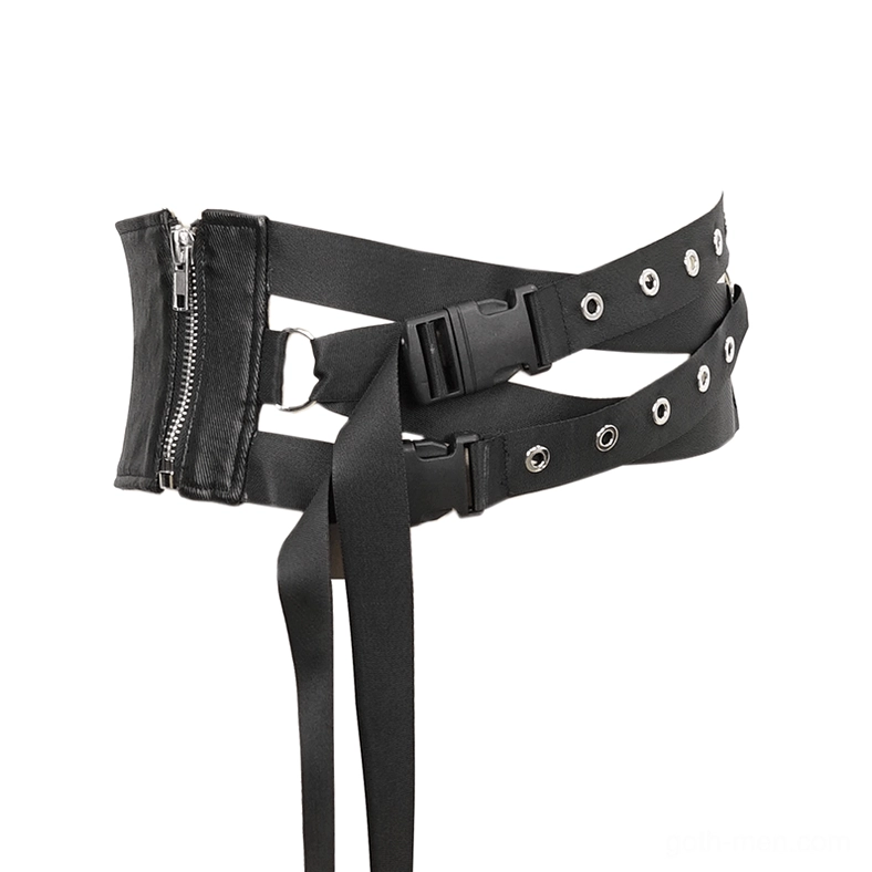 Side angle flat lay of utility gothic waist belt featuring black leather, side zipper detail, and metal hardware