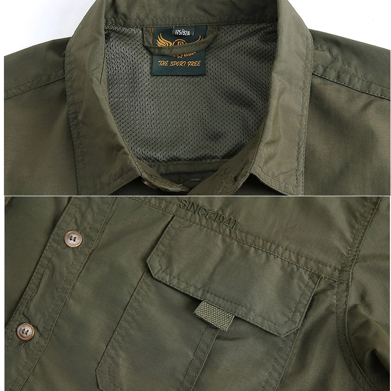 Men's gothic utility shirt size comparison across all colorways, showing black, gray, army green, and khaki options