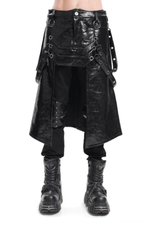 Black faux leather gothic utility skirt front view with O-ring straps and asymmetrical front slit on male model