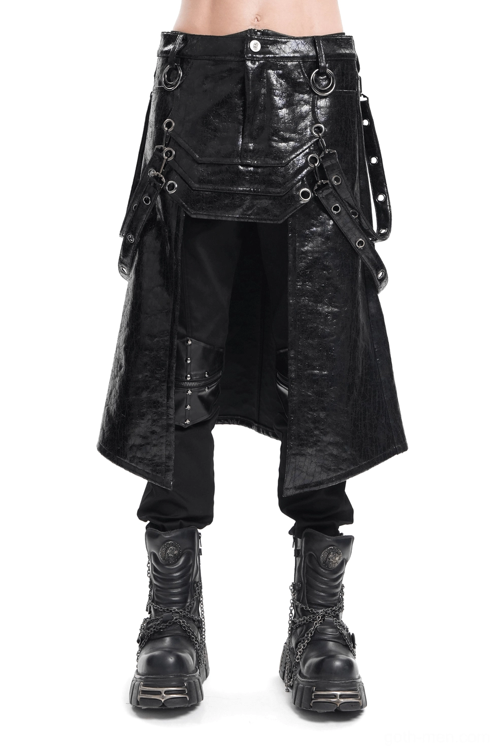 Black faux leather gothic utility skirt front view with O-ring straps and asymmetrical front slit on male model
