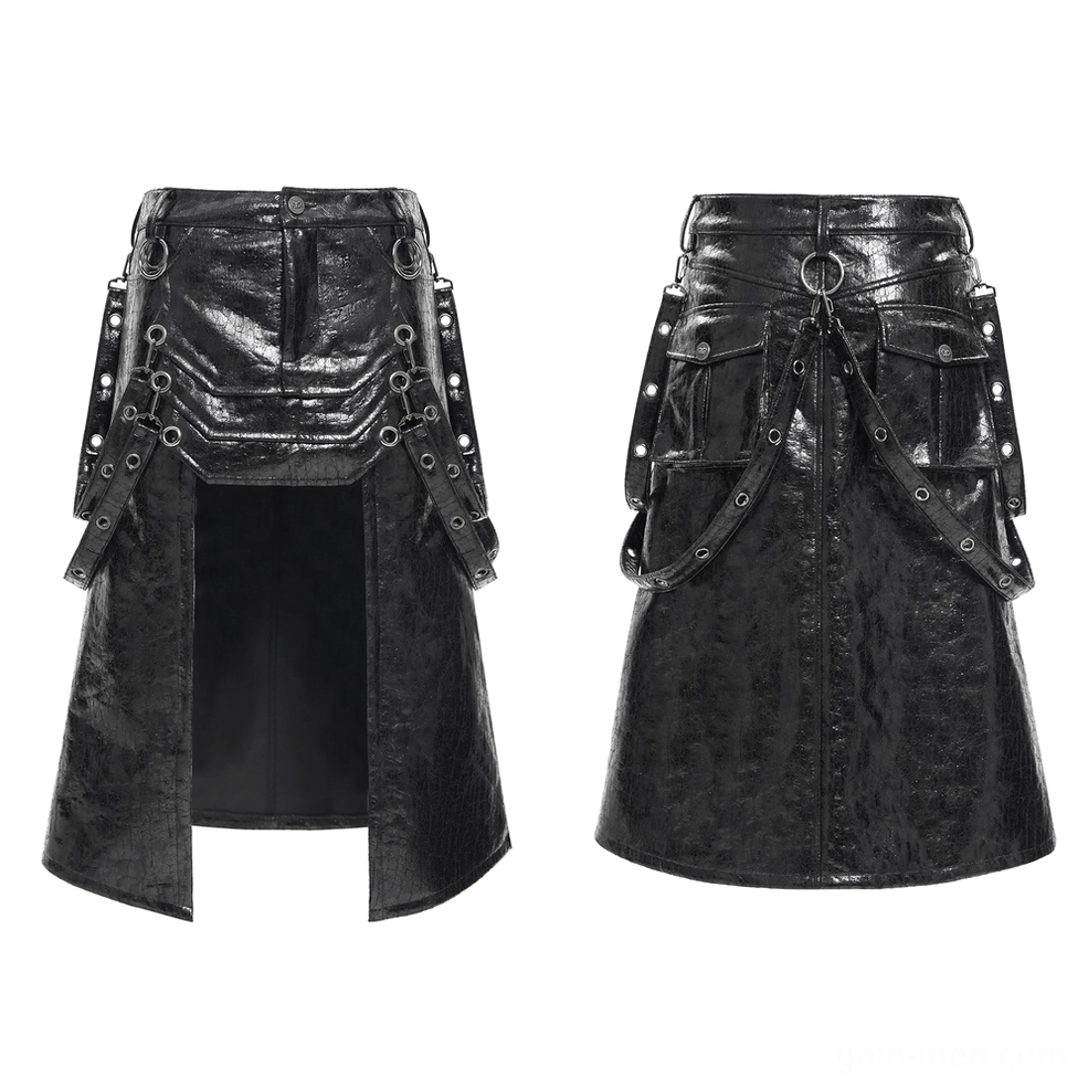 Flat lay product photography showing front and back views of black gothic utility skirt with buckle straps