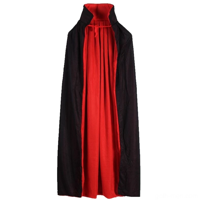Gothic vampire cape back view showcasing full-length black exterior and dramatic hooded coverage