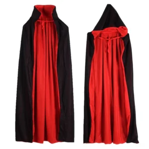 Gothic double-layer vampire cape front view showing black exterior and red inner lining with stand collar design