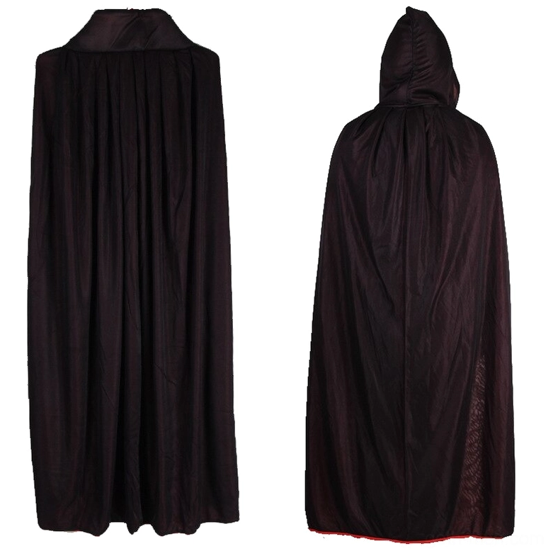 Gothic vampire cape hooded design with drawstring closure displaying reversible red and black color scheme