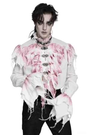 Victorian vampire gothic ruffle shirt white with crimson distressed frills front three-quarter view on male model