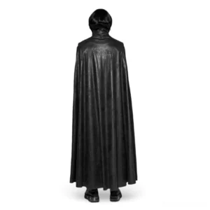 Hooded gothic velvet cloak coat rear view, black matte fabric, integrated hood design, flowing cape detail, back full-body model shot
