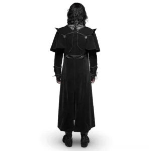 Gothic velvet cloak rear view displaying back lace-up corset details and split hem design on male model