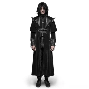 Men's gothic velvet cloak with leather accents front view modeled on long-haired male model showing full length theatrical silhouette and buckled waist belt