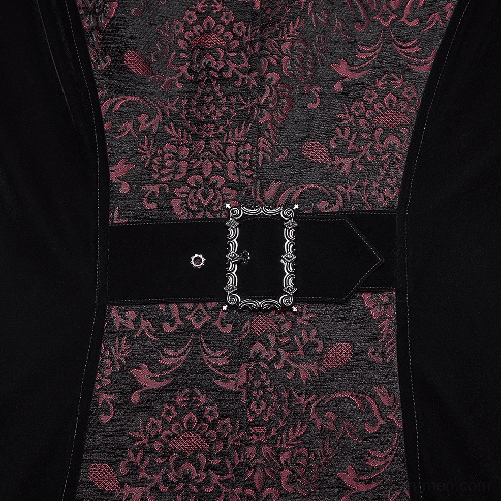 Alternative angle of black and wine red gothic velvet coat full-body front view on model
