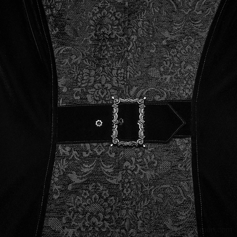 Black gothic velvet coat back panel and waist belt close-up showing decorative metal buckle and jacquard fabric detail