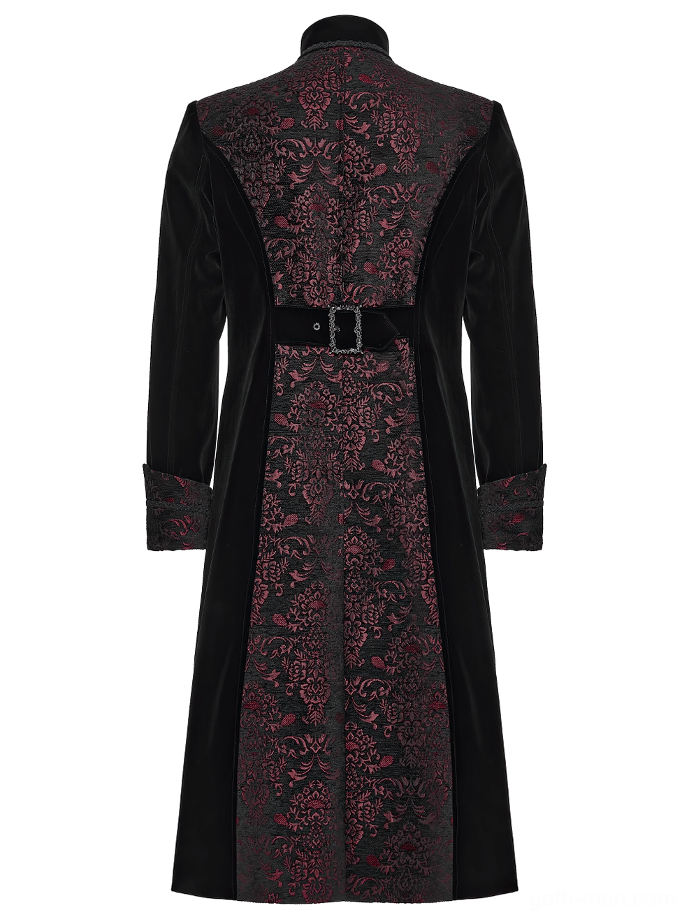 Back flat lay of gothic velvet coat displaying adjustable waist belt and full ornate embroidered back panel