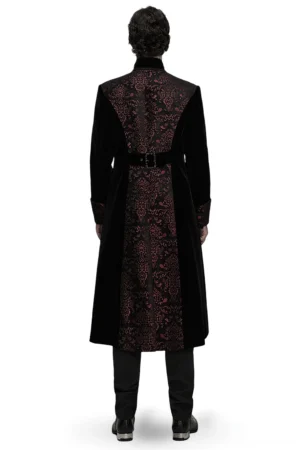 Back view of gothic velvet coat with decorative belt strap and full embroidered panel detail