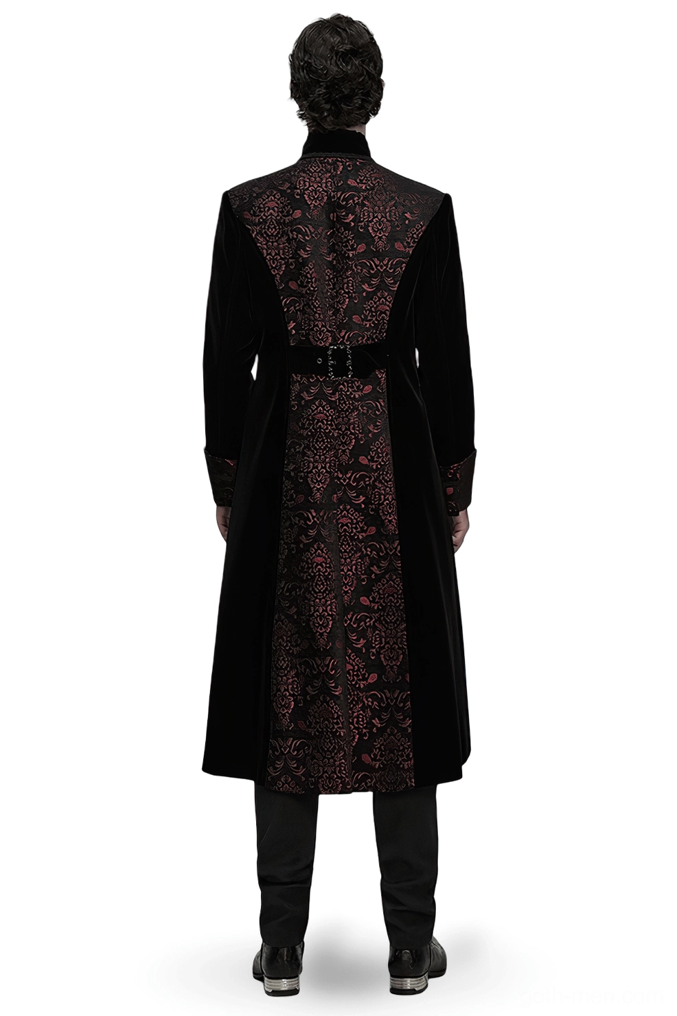 Back view of gothic velvet coat with decorative belt strap and full embroidered panel detail