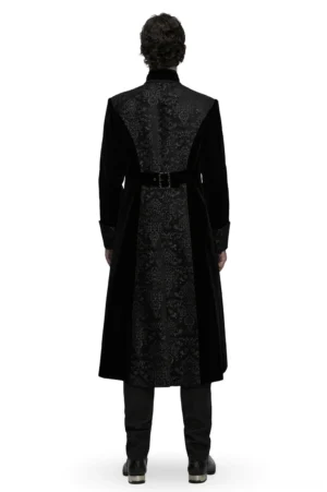 Black gothic velvet coat back view displaying intricate jacquard panel and decorative waist belt buckle detail