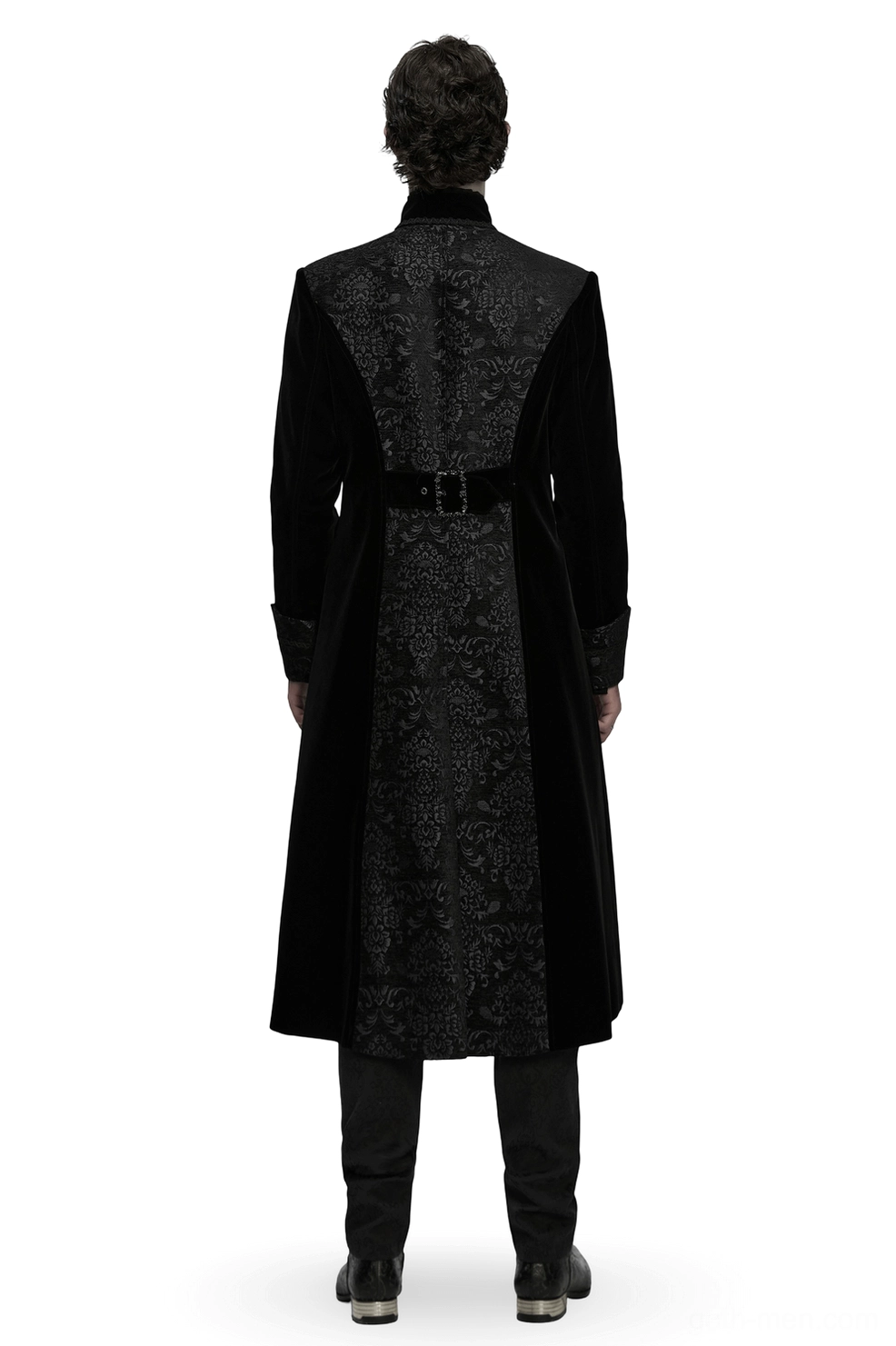 Black gothic velvet coat back view displaying intricate jacquard panel and decorative waist belt buckle detail