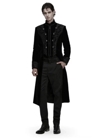 Men's black velvet gothic long coat with palace jacquard detailing, front three-quarter view showing ornate chest embroidery and stand collar