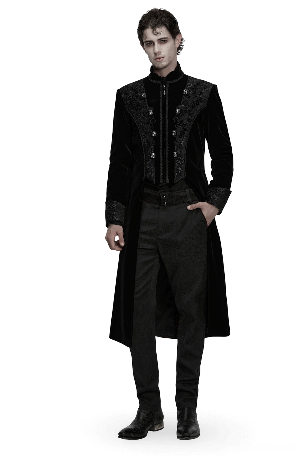Men's black velvet gothic long coat with palace jacquard detailing, front three-quarter view showing ornate chest embroidery and stand collar