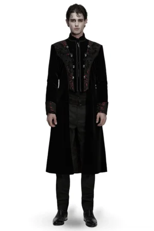 Men's black and wine red velvet gothic long coat with ornate embroidery, front full-body view worn by male model