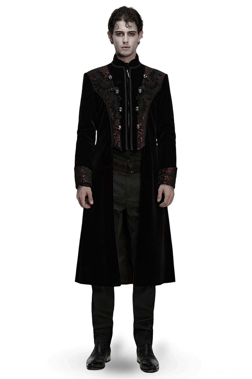 Men's black and wine red velvet gothic long coat with ornate embroidery, front full-body view worn by male model