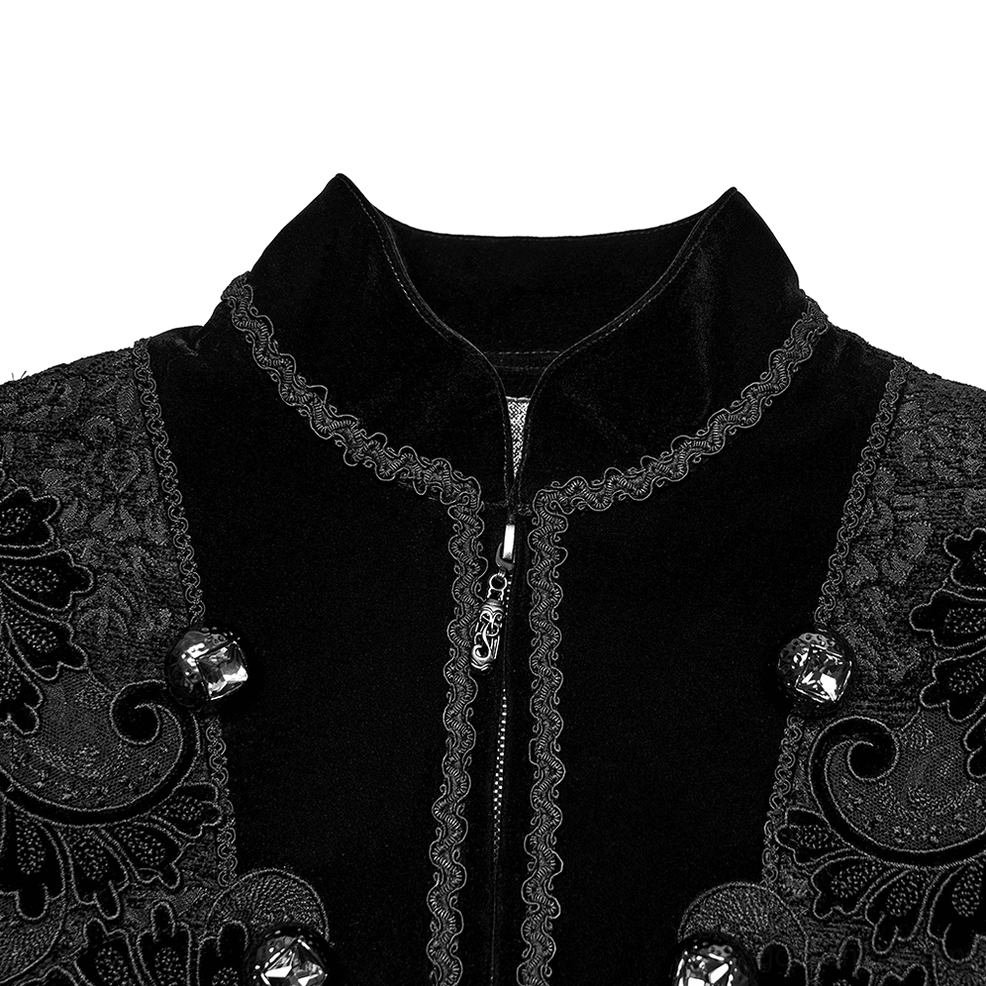Black gothic velvet coat collar and front placket close-up detail with zip closure and ornate jacquard embroidery