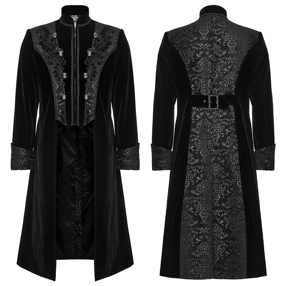 Black velvet gothic coat front and rear flat lay comparison showing fitted silhouette, palace jacquard patterns, and waist belt design