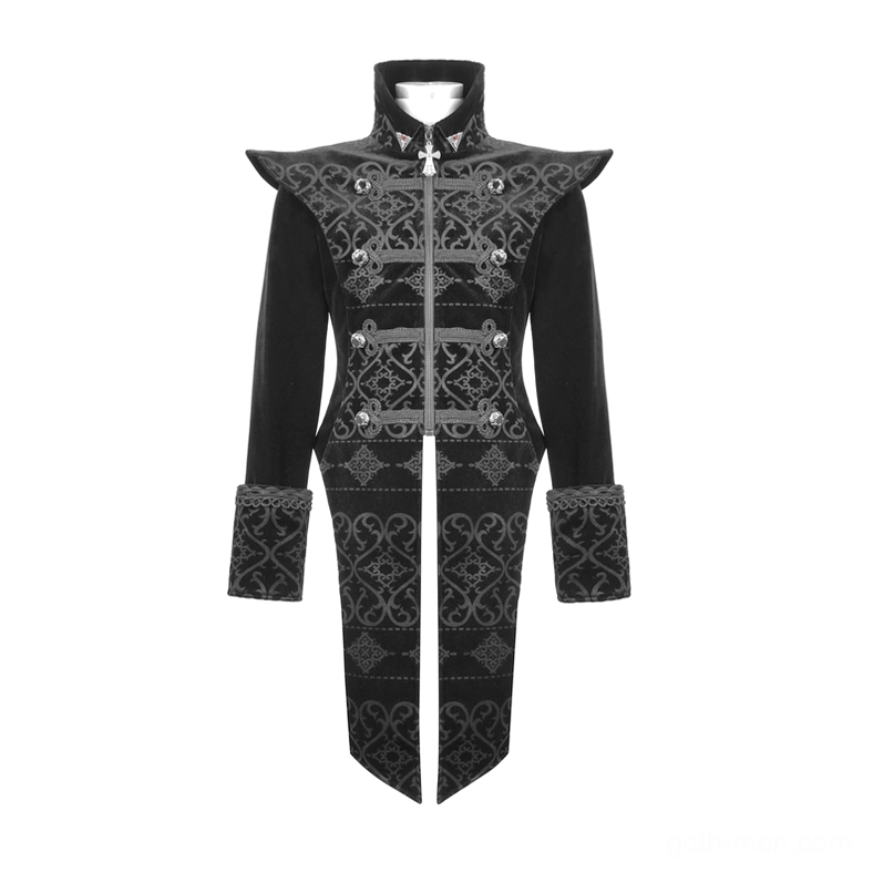 Black gothic embroidered velvet coat flat lay front with high stand collar, pointed shoulders, and engraved buttons