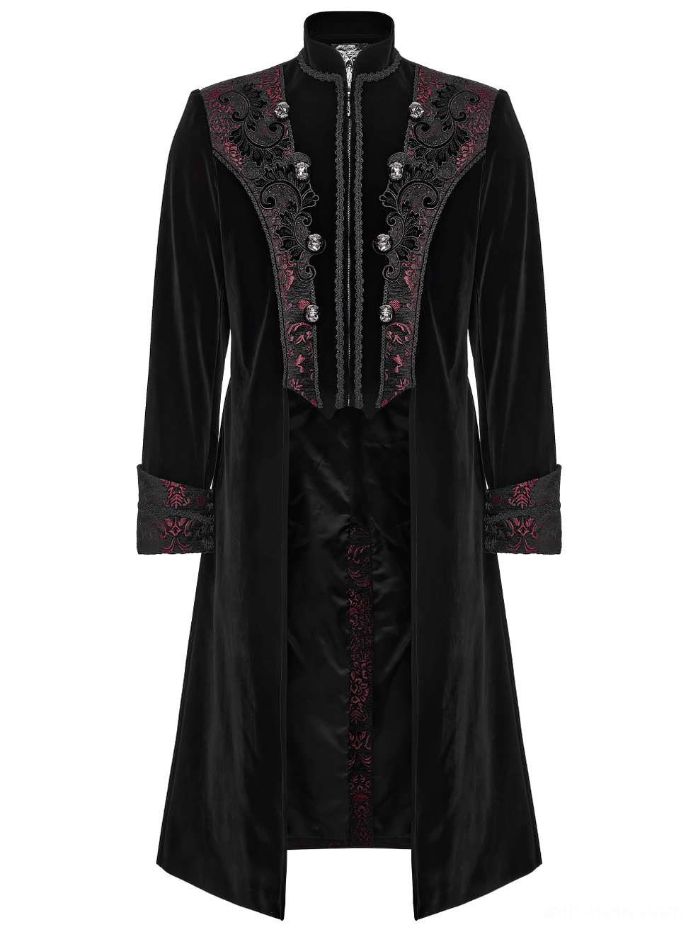 Front flat lay view of gothic velvet long coat highlighting stand collar, central zipper, and embroidered details
