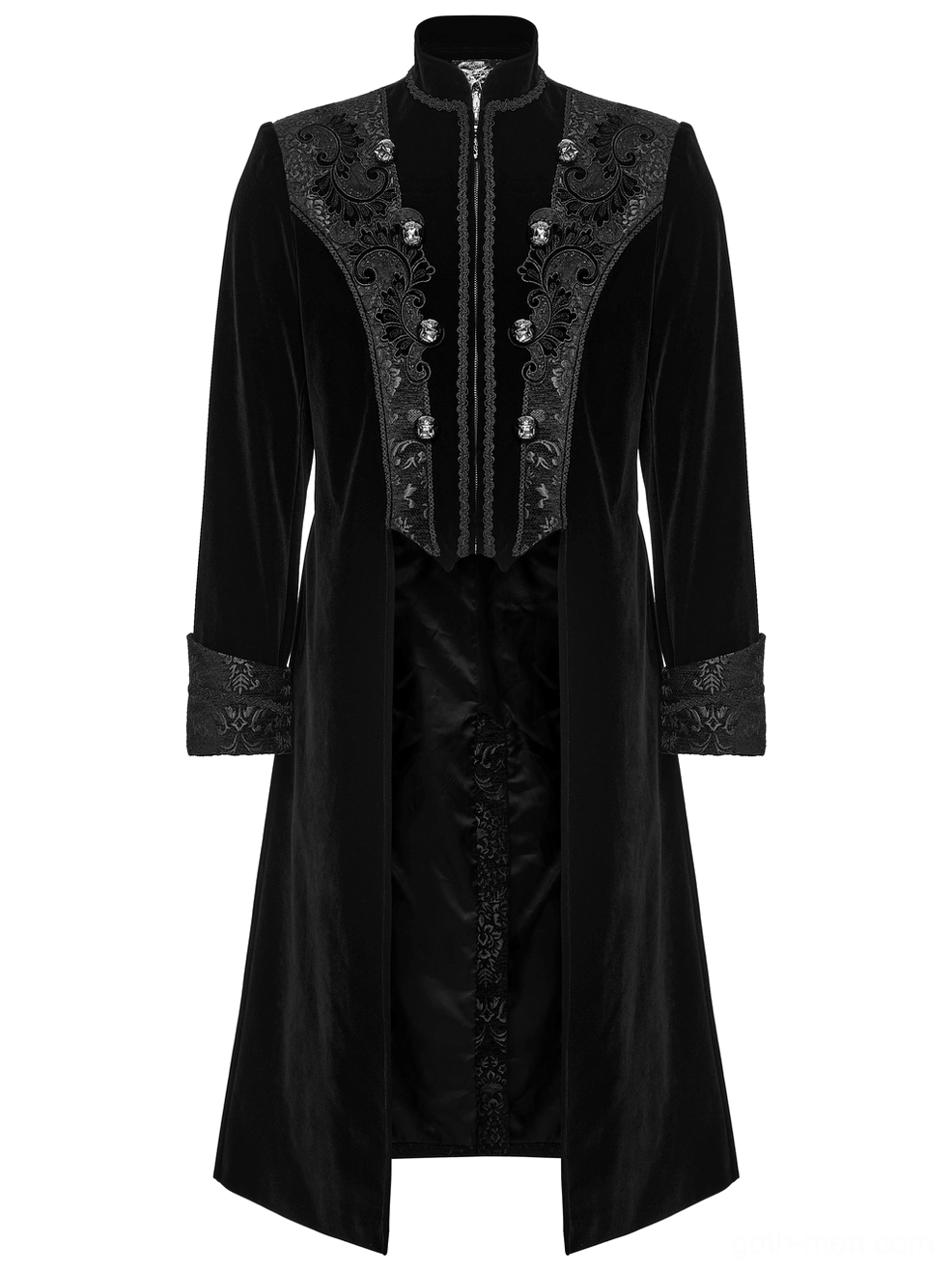 Black gothic velvet coat front view close-up showing stand collar, decorative metal buttons, and palace embroidery trim