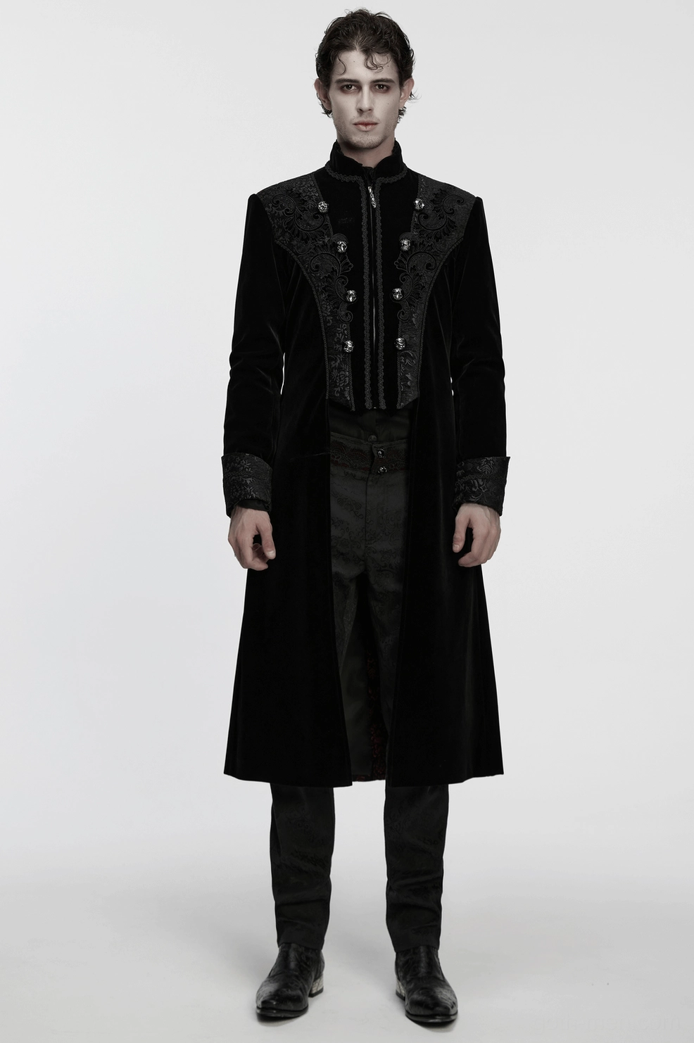 Black velvet gothic long coat full-length model wear display showing theatrical silhouette and formal alternative fashion styling