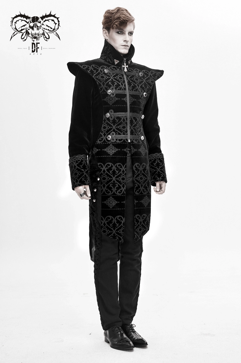 Black gothic velvet coat side profile showing fitted construction, pointed shoulder prominence, and hem line